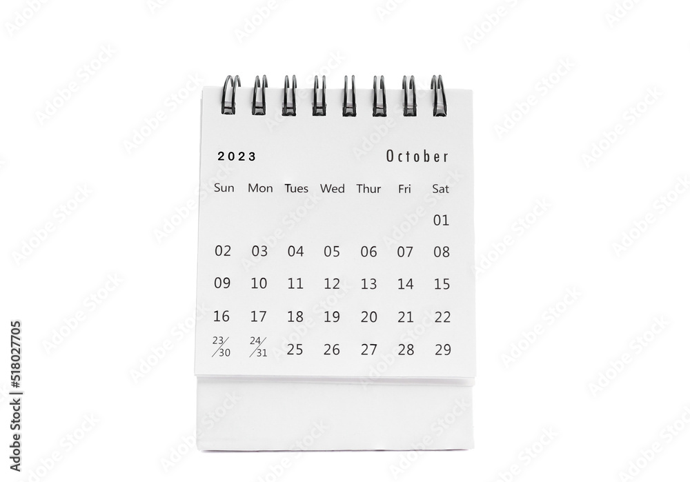 October 2023 desk calendar for planners and reminders on a white background. - obrazy, fototapety, plakaty 