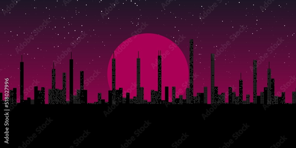 beautiful fantastic city with silhouettes of skyscrapers against the backdrop of a sunset. Buildings silhouette. Urban Landscape. Cityscape background in flat style. Modern city landscape.