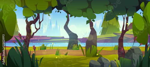 Cartoon nature landscape with forest and river. Scenery summer background with blue stream with sunlight reflection flow along deciduous trees, rocks and grass, wood natural scene, Vector illustration