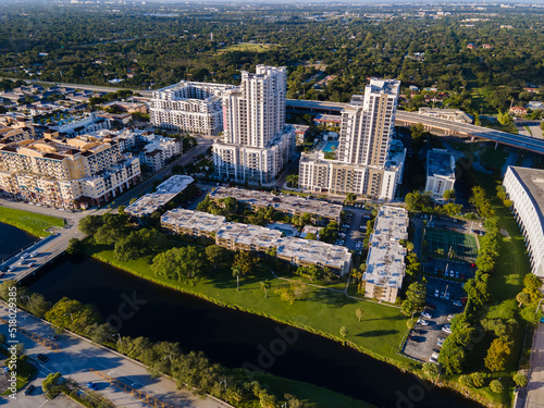 Beautiful aerial view of the miami suburbs and buildings in the sunset