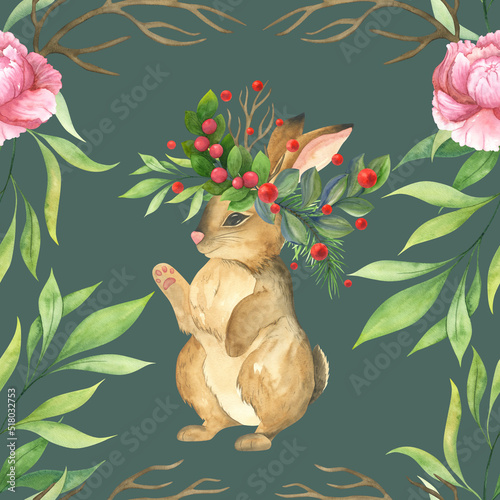 Cute bunny with wild plants and flowers. Brown rabbit with raised paw. Pink peony flowers, red berries, wreath, dry branches. Symbol of the new year and Easter.