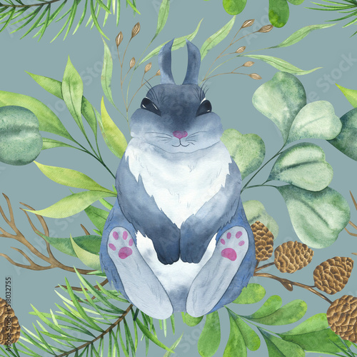 Gray rabbit and wild grasses. A fluffy gray-blue bunny sits. Bouquet of wild plants. Aspen cones, dry branches, eucalyptus, pine branches.