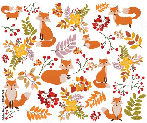 autumn nature background with yellow leaves and red fox berries