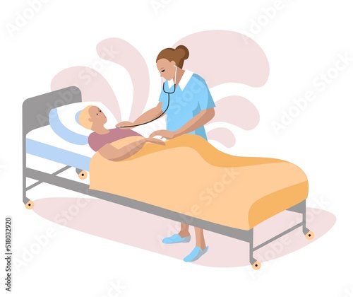 Female doctor visit girl patient at hospital room vector flat illustration. Doctor examining the patient s lungs. Medical personnel consulting patient photo