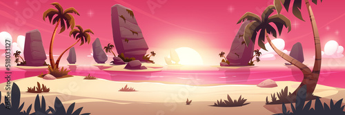 Sea beach with palm trees and stones in water at sunset. Vector cartoon illustration of summer tropical landscape of lagoon with sand shore, rocks, pink sky and sun on horizon