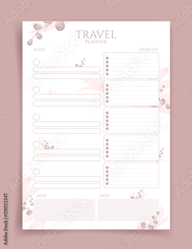 Travel planner. Travel planner template. Habit tracker. Blank template. Vector illustration. Minimal style. Clean style. Daily to do. Cute style.