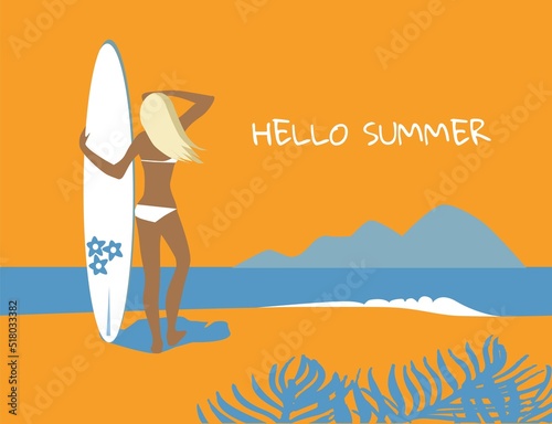 Surfer girl in bikini with surfboard on a sandy beach . Vector illustration.
