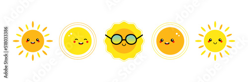 Set, collection of variety of cute smiling cartoon style yellow shining sun characters for summer, vacation, weather design.
