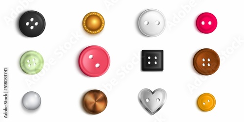 Sewing buttons with holes and solid design. Collection of multicolored clasp clothes accessories plastic isolated decorative elements. Clothing craft handmade needlework tools, Realistic 3d vector set