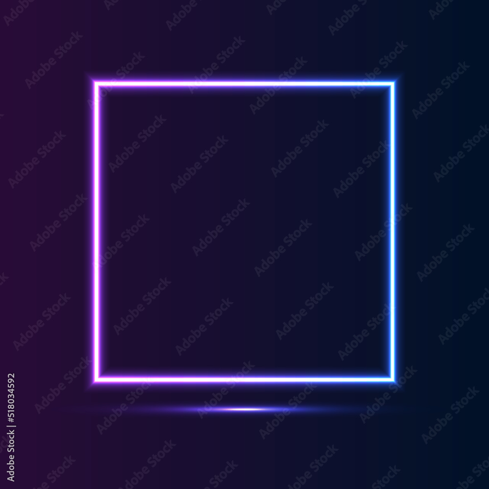 Realistic gradient neon square frame. Pink and blue colored blank template isolated on background. Geometric glow outline shape or laser glowing lines. Vector shining object. Realistic gradient neon square frame. Pink and blue colored blank template isolated on background. Geometric glow outline shape or laser glowing lines. Vector shining object.