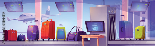 Airport conveyor belt with baggage riding through scanner. Luggage xray control, security checkpoint area with schedule displays and wide window with landing plane, Cartoon vector illustration