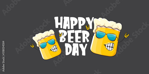 International beer day horizontal banner or summer poster with vector funky beer character isolated on grey background. Vector Cartoon funny International beer day label and poster