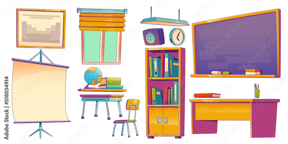 Set of classroom furniture, class interior stuff blackboard, blank screen, poster, cupboard with textbooks, teacher and student desks, globe, chair and window, radio, clock, lamp Cartoon vector icons