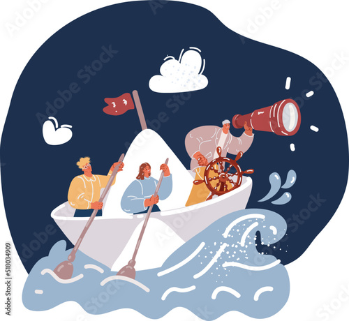 Cartoon vector illustration of business people are floating on a paper boat on the sea, businesswoman looking through a telescope. business concept team