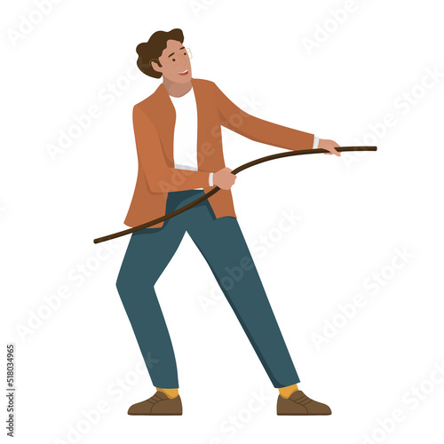 A man in a suit is pulling something. Person manager in a pose pulling objects.