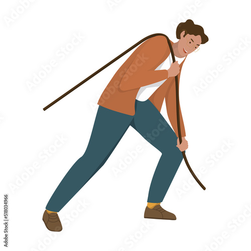 A man in a suit is pulling something with a rope. Person manager in a pose pulling objects.