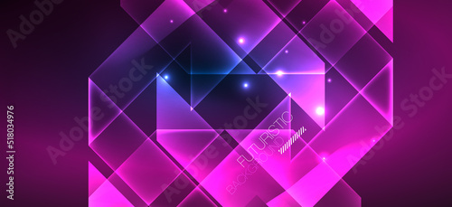 Background neon glowing lines and geometric shapes. Lights in the dark wallpaper for concept of AI technology, blockchain, digital, communication, 5G, science