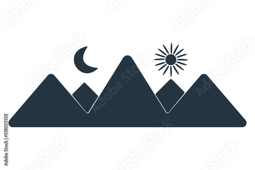 Mountain icon isolated on white background. Hills with moon and sun minimalistic flat design sign or label. Simple black alp symbol. Mountains silhouette insignia. Rest in nature. Vector illustration