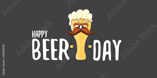 International beer day horizontal banner or summer poster with vector funky beer character isolated on grey background. Vector Cartoon funny International beer day label and poster