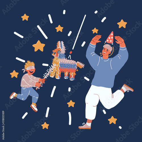 Cartoon vector illustration of family at an outdoor party hitting a pinata