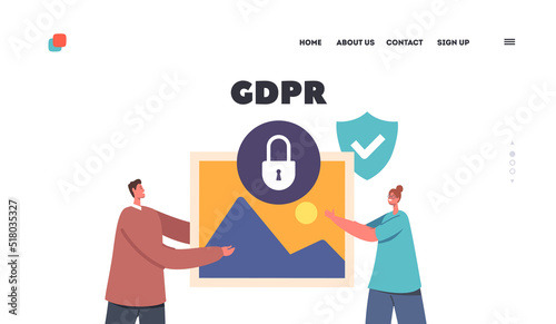 GDPR Landing Page Template. Data Protection, Social Media Documents Security, Tiny Characters with Huge Media File