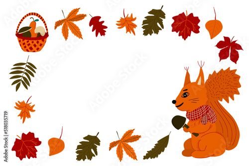 Frame design with cute squirrel and autumn leaves. Vector illustration.