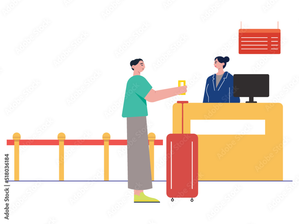 Airport check in registration desk. Activities at the airport before departure. Activities at the airport before departure. Red suitcase ready to be taken on a trip. Airport vector illustration	