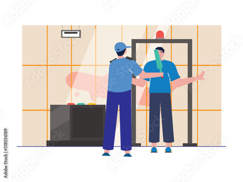 Security officers are checking visitors before entering the airport using metal detectors. Security guard in the airport area. Airport vector illustration.	