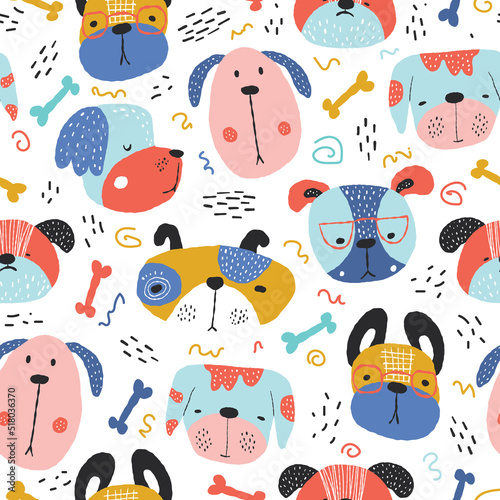 Childish seamless pattern with funny creative dogs. Creative childish texture in scandinavian style. Great for fabric, textile Vector Illustration.