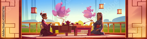 Tea ceremony on wooden terrace. Japanese women in traditional kimono sit at served low table on floor admire peaceful garden landscape, interior with authentic japan decor, Cartoon vector illustration