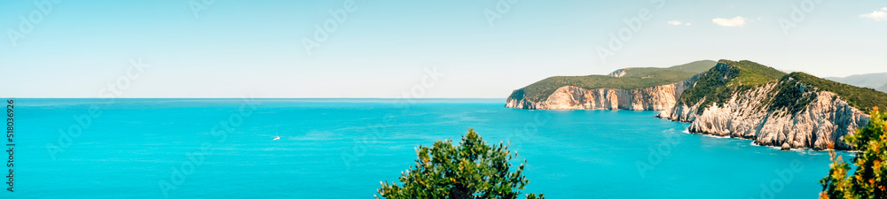 panoramic view of the paradise marine seascape sea and the turquoise scenery archipelago of the aeolian islands in lefkada, greece