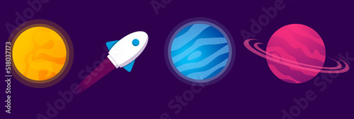 Vector illustration of outer space, interstellar travels, universe and distant galaxies, solar system, and spaceship. Background 