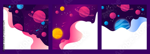 Set of Vector illustrations of outer space, interstellar travels, universe and distant galaxies, solar system, and spaceship. Backgrounds