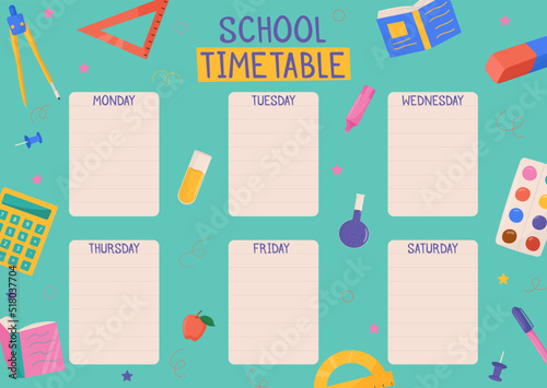 Cute childish school timetable, weekly classes schedule for kids with school supplies. Printable planner, diary for student. Stationery set for children. To Do List.