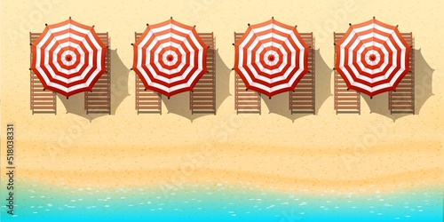 Aerial top view of the beach, red umbrellas, sunbeds, sand and ocean. vector illustration