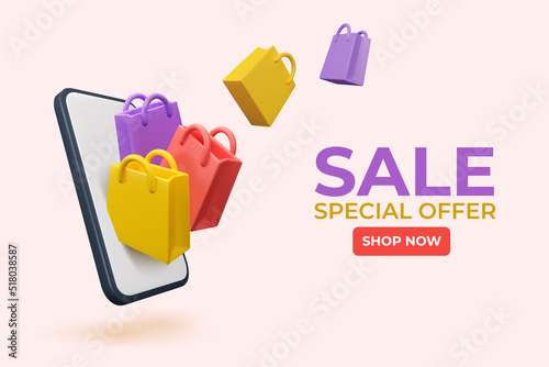 3d online shopping banner template. Vector render mockup with gift bags and phone. Sale concept