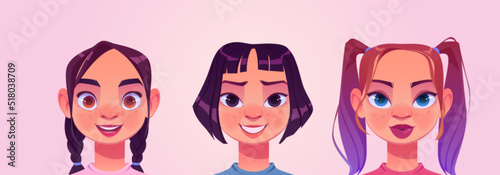 Girl avatars, female teenagers characters faces. Caucasian and asian children with pigtails and short haircut. Pretty schoolgirl portraits for social networks user profiles Cartoon vector illustration