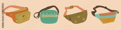 Set of Various Waist bags. Colorful banana shaped belt bags. Hand drawn trendy Vector illustration. Fancy retro fashion accessory. All elements are isloated