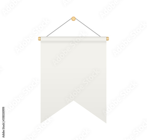 Empty white rectangle bunting pennant with double edges. Hanging realistic pennant or flag with rope. Bunting flag mock up. Blank realistic template. Vector illustration isolated on white background.