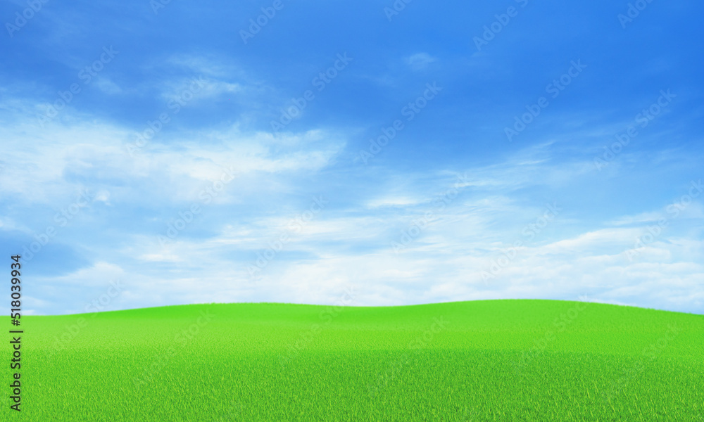 Obraz premium Blue sky and beautiful cloud with meadow tree. Plain landscape background for summer poster. The best view for holiday. picture of green grass field and blue sky with white clouds. 3D Rendering.