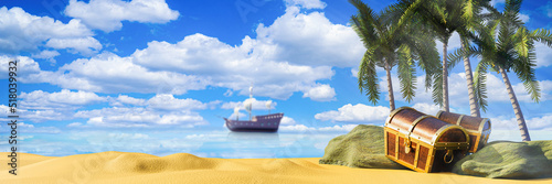 boxes or treasure chests. wooden treasure chest put on the beach at a deserted island in the theme of Pirate treasure. 3D rendering