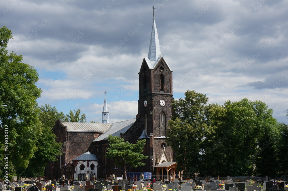 Church of St. Augustine (kosciol sw. Augustyna) seen from the cemetery in 2022. Swietochlowice, Poland.