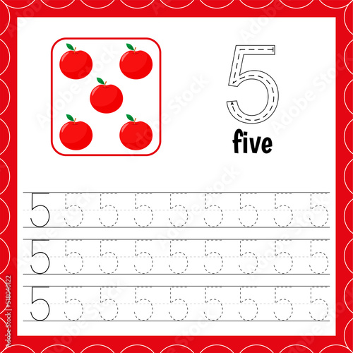 Cards with numbers for children. Trace the line. For kids learning to count and to write. Number five. Apple