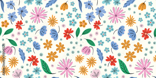 Flower pattern background vector border, trendy seamless repeat design banner of hand drawn flowers and leaves. 