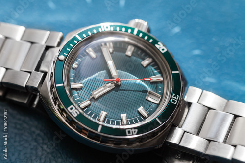 Automatic mechanical diver mans wrist watch, close up