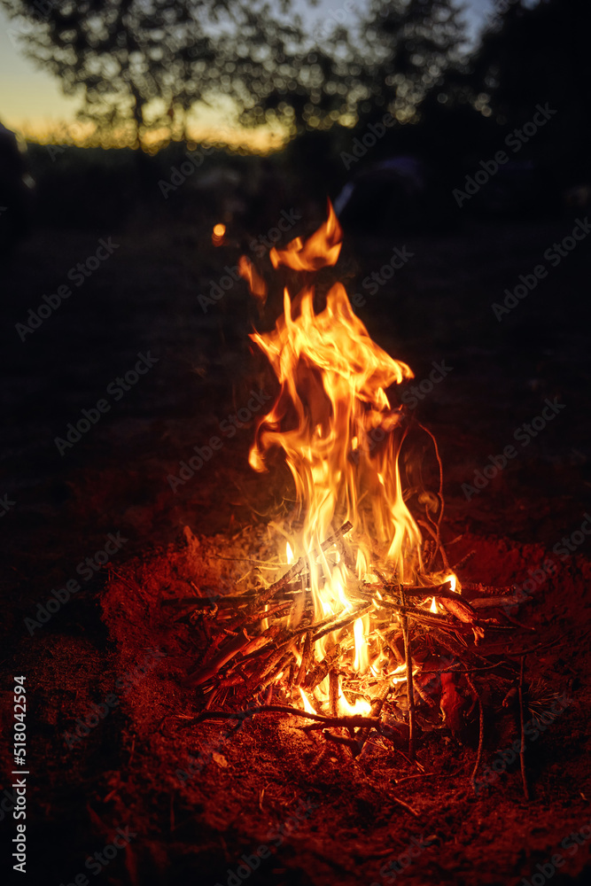 Bonfire in the  evening camp. Surviving and adventures in the rural area. Small campfire in the summer