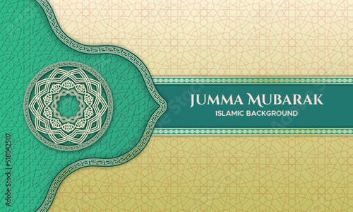 jumma Mubarak design with Islamic decoration border frame and Arabic mandala ornament. Suitable for Islamic Friday greetings