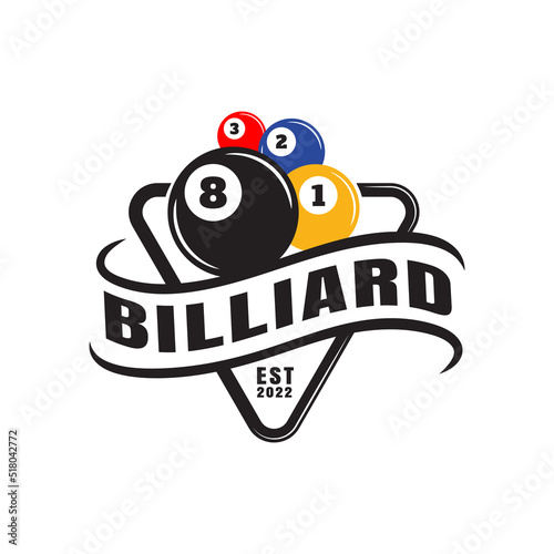 Billiards Championship Sports badge design logo and simple text, billiard room or pool club and team, billiard ball, icon, symbol, template