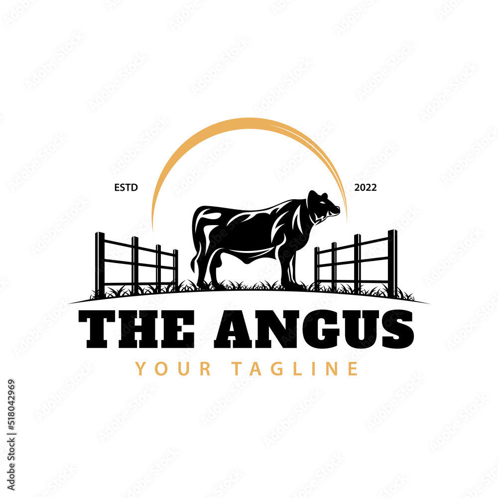 Angus Ranch Logos Black Angus cow animal logo on grass, cow farm vintage logo design ...
