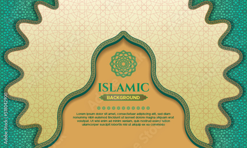 Green and brown pastel islamic pattern background with wave border frame perfect for Islamic celebrations: happy muharram, ramadan kareem or eid mubarak, eid al adha and mawlid an prophet muhammad